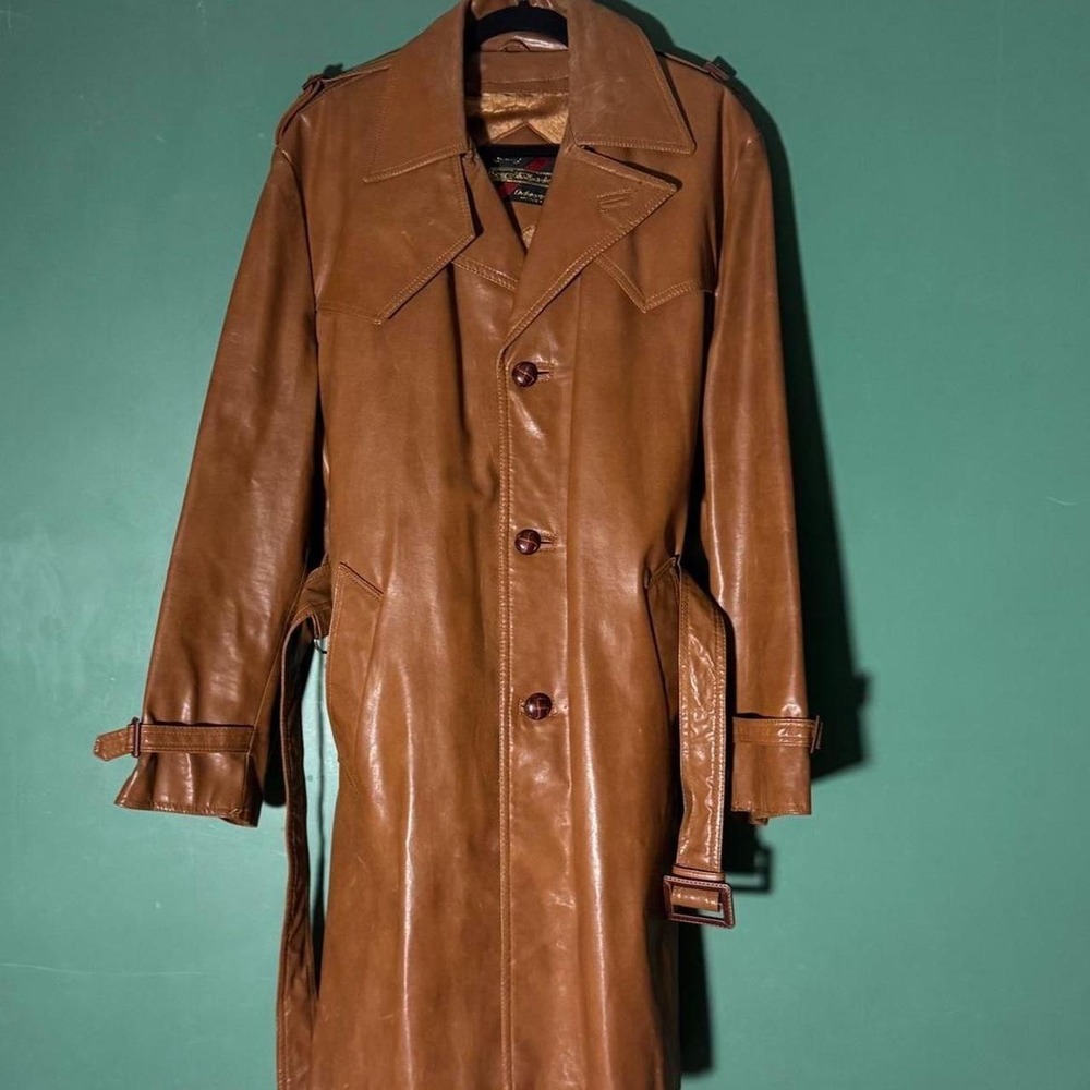 Vintage Sears Quality Outerwear 1970s Pleather Trenchcoat Brown Mens 46 Reg